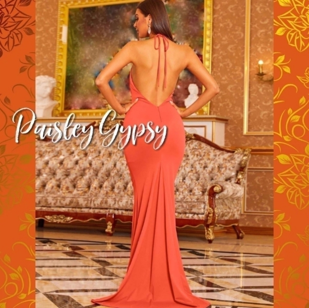 Stunning Double Deep V Fit and Flare Halter Evening Gown in Deep Coral O… - Picture 2 of 9